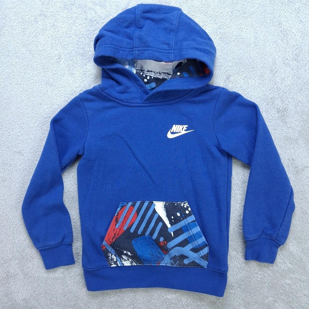 Nike Kids XS Blue Pullover Hoodie Swoosh Graphic Pocket 3-4 Years